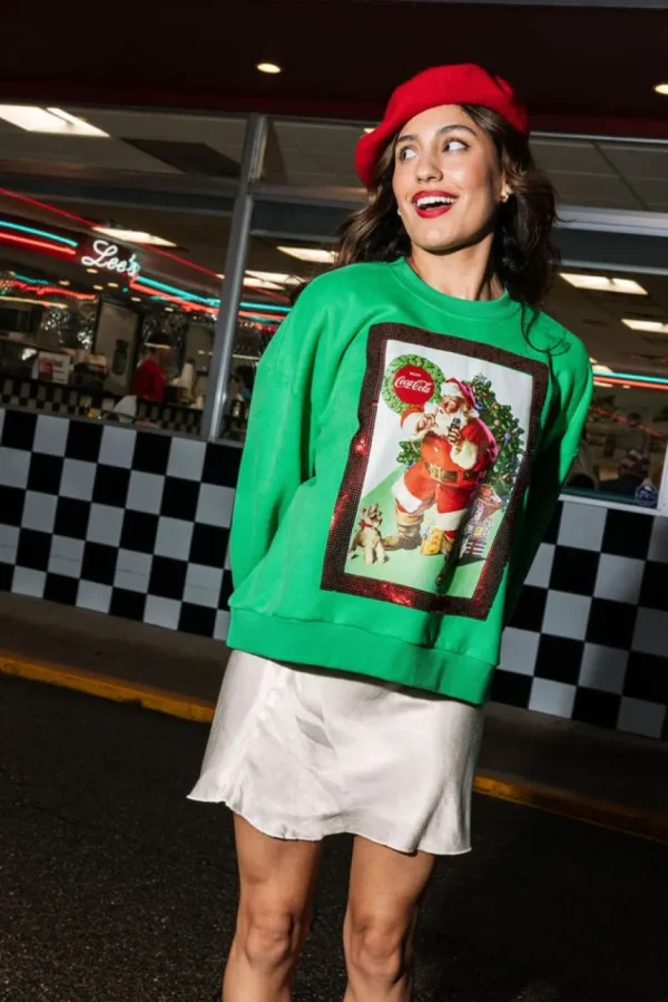 Queen of Sparkles Sweatshirts- Green Santa Drinking Coke Sweatshirt