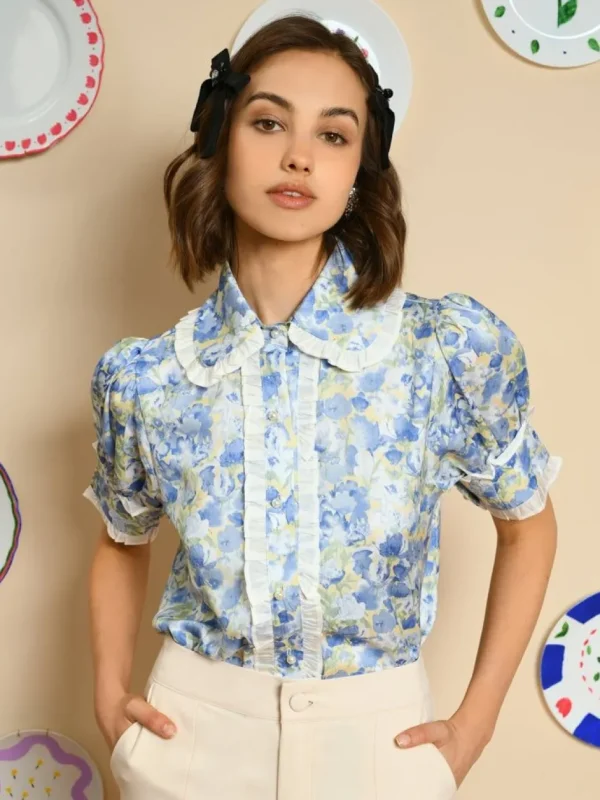 Sister Jane Blouses- Sky Floral Ruffle Blouse - Cornflower Blue